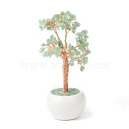 Natural Green Aventurine Chips with Brass Wrapped Wire Money Tree on Ceramic Vase Display Decorations, for Home Office Decor Good Luck, 120x50.5x190mm(DJEW-B007-02A)