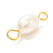 Natural Cultured Freshwater Pearl Beads Links Connectors,  with Golden 304 Stainless Steel Eye Pins, Rice, Seashell Color, 17~18x6.5~7mm, Hole: 2mm(PALLOY-JF00941-02)
