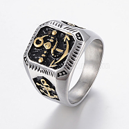 304 Stainless Steel Signet Rings for Men, Wide Band Finger Rings, Square with Anchor, Antique Silver & Antique Golden, US Size 8~13, 18~23mm(RJEW-H125-40SG)