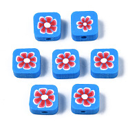 Handmade Polymer Clay Beads, for DIY Jewelry Crafts Supplies, Square with Flower, Red, 9~9.5x9.5x4~4.5mm, Hole: 1.8mm(CLAY-N008-034A)