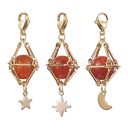 Natural Carnelian Brass Pendant Decorations, Diamond with Star & Moon, 48~52mm, 3pcs/set(HJEW-JM01817-04)