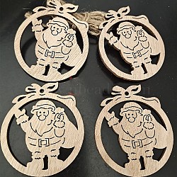 Unfinished Wood Pendant Decorations, with Hemp Rope, for Christmas Ornaments, Santa Claus, 7.5x6.5cm, 10pcs/bag(XMAS-PW0001-170-14)