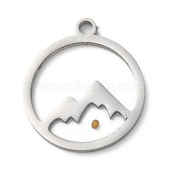 201 Stainless Steel Pendants, Flat Round with Mountain Charm, Stainless Steel Color, 28.5x25x2mm, Hole: 3mm(STAS-D041-17P)