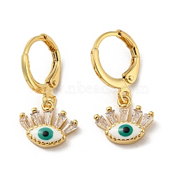 Real 18K Gold Plated Brass Dangle Leverback Earrings, with Enamel and Glass, Evil Eye, WhiteSmoke, 23x11.5mm(EJEW-A033-11G-01)