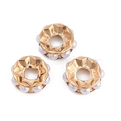 Brass Beads, Cadmium Free & Lead Free, with ABS Plastic Imitation Pearl, Flat Round, Light Gold, 18x5.5mm, Hole: 6.5mm(KK-H490-01-01KCG)