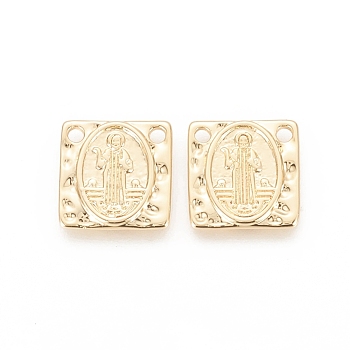 Brass Charms, Long-Lasting Plated, Square with Saint, Hammered, Real 18K Gold Plated, 14x14x2mm, Hole: 1.8mm