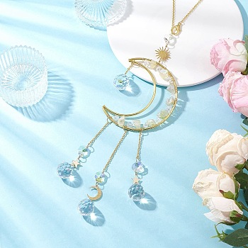 Nuggets Natural Quartz & Brass Moon Hanging Suncatchers, Glass Round Tassel for Outdoor & Garden Decor, Champagne Yellow, 400~402mm