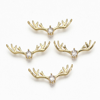 Brass Micro Pave Clear Cubic Zirconia Pendants, Nickel Free, Deer Antler, Real 18K Gold Plated, 25.5x11.5x3mm, Hole: 0.8mm