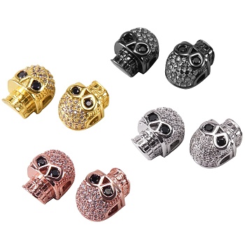 8Pcs 4 Colors Brass Micro Pave Black Cubic Zirconia Spacer Beads, Skull, Mixed Color, 13x10mm, 2pcs/color