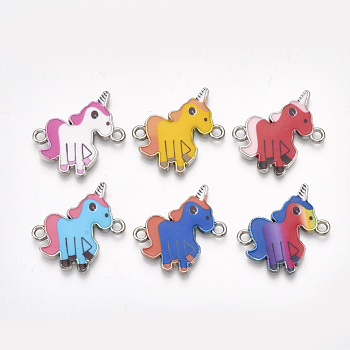 Printed Alloy Links connectors, with Enamel, Unicorn, Mixed Color, 22x18.5x2mm, Hole: 1.8mm