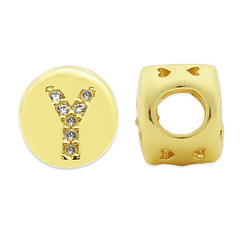 Brass Micro Pave Clear Cubic Zirconia Beads, Flat Round with Letter, Letter.Y, 7.5x6.5mm, Hole: 3.5mm, 3pcs/bag