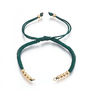 Nylon Cord Braided Bead Bracelets Making, with Brass Beads, Long-Lasting Plated, Real 24K Gold Plated, Sea Green, 10-1/4 inch(26cm)~11-5/8 inch(29.6cm)