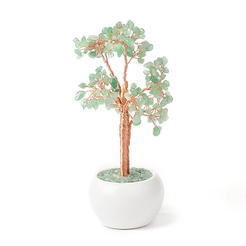 Natural Green Aventurine Chips with Brass Wrapped Wire Money Tree on Ceramic Vase Display Decorations, for Home Office Decor Good Luck, 120x50.5x190mm