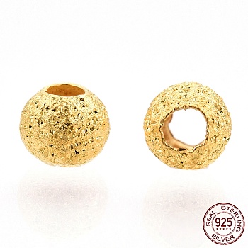 925 Sterling Silver Beads, Textured Round, Nickel Free, Real 18K Gold Plated, 3mm, Hole: 1.2mm