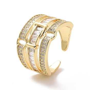 Cubic Zirconia Belt Buckle Shape Open Cuff Ring, Real 18K Gold Plated Brass Triple Line Wide Ring for Women, Cadmium Free & Nickel Free & Lead Free, Clear, US Size 7 3/4(17.9mm)