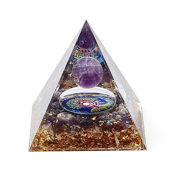 Orgonite Pyramid Resin Energy Generators, Reiki Natural Amethyst Chips Inside for Home Office Desk Decoration, 59.5x59.5x59.5mm