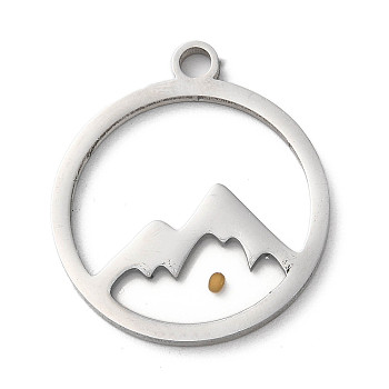 201 Stainless Steel Pendants, Flat Round with Mountain Charm, Stainless Steel Color, 28.5x25x2mm, Hole: 3mm