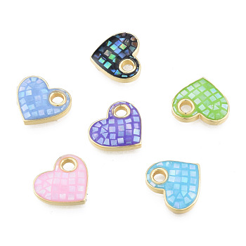 Natural Abalone Shell/Paua Shells Dyed Charms, with Real 18K Gold Plated Brass Findings, Nickel Free, Heart, Mixed Color, 13x14x3mm, Hole: 3mm
