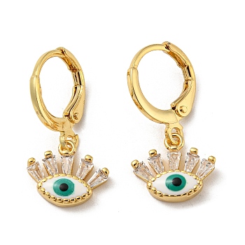 Real 18K Gold Plated Brass Dangle Leverback Earrings, with Enamel and Glass, Evil Eye, WhiteSmoke, 23x11.5mm
