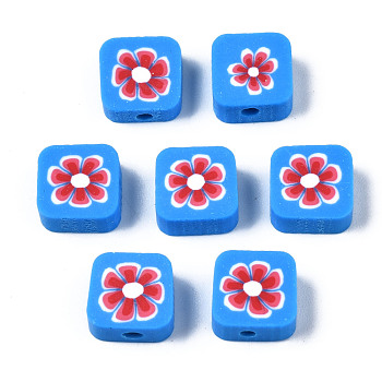 Handmade Polymer Clay Beads, for DIY Jewelry Crafts Supplies, Square with Flower, Red, 9~9.5x9.5x4~4.5mm, Hole: 1.8mm