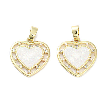 Brass Micro Pave Clear Cubic Zirconia Pendants, with Synthetic Opal and ABS Plastic Pearl, Real 18K Gold Plated, Heart Charms, White, 19.5x18.5x2.5mm, Hole: 5x3mm