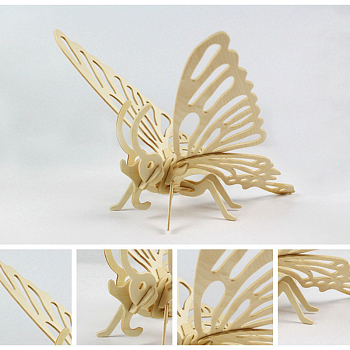 Wood Assembly Animal Toys for Boys and Girls, 3D Puzzle Model for Kids, Butterfly, BurlyWood, Finished: 225x245x190mm
