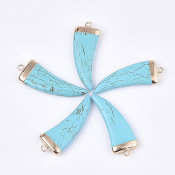 Electroplate Synthetic Turquoise Pendants, with Brass Findings, Dyed, Scabbard/Tusk Shape, Golden, 43~44x15~16x5~6mm, Hole: 2mm