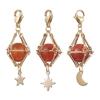 Natural Carnelian Brass Pendant Decorations, Diamond with Star & Moon, 48~52mm, 3pcs/set