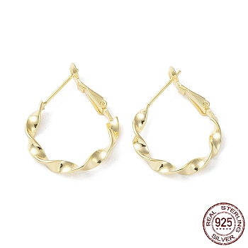 925 Sterling Silver Leverback Earrings, Twist Round Ring, Real 18K Gold Plated, 27x21x3mm