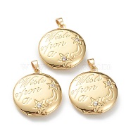 Brass Micro Pave Clear Cubic Zirconia Locket Pendants, Photo Frame Pendants for Necklaces, Long-Lasting Plated, Flat Round with Moon and Star, Real 18K Gold Plated, 29.5x25.5x6mm, Hole: 4.5x3mm, 18.5mm Inner Diameter(KK-P199-08G)