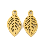 Ion Plating(IP) 304 Stainless Steel Charms, Leaf Charm, Real 18K Gold Plated, 12x6x1mm, Hole: 1.2mm(STAS-D051-33G)