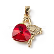 Real 18K Gold Plated Rack Plating Brass Micro Pave Clear Cubic Zirconia Pendants, with Glass, Long-Lasting Plated, Cadmium Free & Lead Free, Flamingo with Heart Charm, Red, 24x19x8mm, Hole: 3.5x5mm(KK-C015-33G-05)
