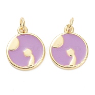 Brass Enamel Pendants, Long-Lasting Plated, Real 18K Gold Plated, Flat Round with Moon and Cat, Violet, 15.5x13x2mm, Hole: 3mm(ZIRC-J041-03B)