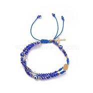 Lampwork Evil Eye & Glass Braided Bead Bracelet, 304 Stainless Steel Virgin Mary Link Double Layer Bracelet for Women, Royal Blue, Inner Diameter: 2-1/4~3-1/4 inch(5.8~8.3cm)(BJEW-TA00183-01)