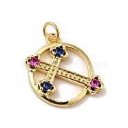 Rack Plating Brass Micro Pave Cubic Zirconia Pendants, with Jump Ring, Cadmium Free & Nickel Free & Lead Free, Flat Round with Cross, Real 18K Gold Plated, 14x13.5x2.5mm, Hole: 3mm(KK-H431-19G)