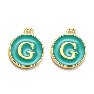 Golden Plated Alloy Enamel Charms, Enamelled Sequins, Flat Round with Alphabet, Letter.G, Green, 14x12x2mm, Hole: 1.5mm(X-ENAM-Q437-15G)