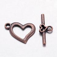 Alloy Toggle Clasps, Cadmium Free & Lead Free, Red Copper, Heart: 15x19mm, hole: 1.8mm, Bar: 22x9mm, Hole: 1.8mm.(PALLOY-B883-R)
