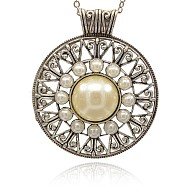 Antique Silver Alloy Necklace Large Pendants, with Acrylic Pearl Cabochons, Flat Round, Pale Goldenrod, 66x55x7mm, Hole: 7x9mm(PALLOY-J205-01AS)
