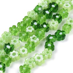 Handmade Millefiori Glass Bead Strands, Flower, Light Green, 3.7~5.6x2.6mm, Hole: 1mm, about 88~110pcs/Strand, 15.75''(40cm)(X-LAMP-J035-4mm-13)