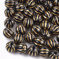 Plating Acrylic Corrugated Beads, Metal Enlaced, Round, Black, 9.5~10mm, Hole: 2mm, about 900~950pcs/500g(PACR-T006-23A-01)