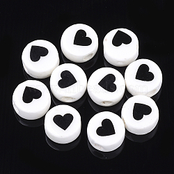 Handmade Porcelain Beads, Flat Round with Heart, Creamy White, 8~8.5x4.5mm, Hole: 2mm(X-PORC-Q260-02)