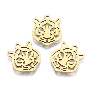 Ion Plating(IP) 201 Stainless Steel Pendants, Laser Cut, Tiger Head, Golden, 15x13x1mm, Hole: 1.4mm