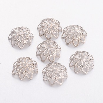 Platinum Brass Filigree Flower Bead Caps, Fancy Bead Caps, Lead Free & Nickel Free, about 10mm wide, 4mm long, hole: 1mm
