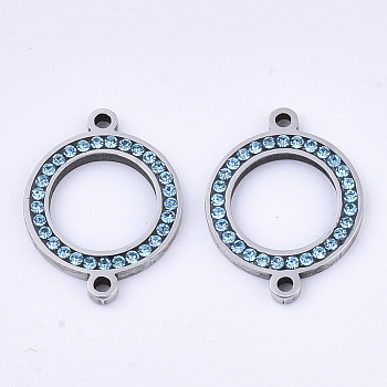 304 Stainless Steel Links connectors, with Rhinestone, Ring, Stainless Steel Color, Blue Zircon, 21x16x2mm, Hole: 1.5mm