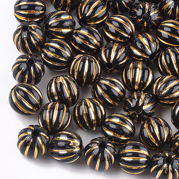Plating Acrylic Corrugated Beads, Metal Enlaced, Round, Black, 9.5~10mm, Hole: 2mm, about 900~950pcs/500g