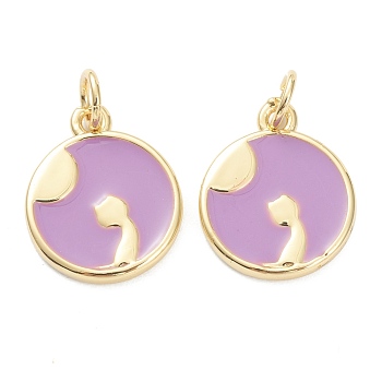 Brass Enamel Pendants, Long-Lasting Plated, Real 18K Gold Plated, Flat Round with Moon and Cat, Violet, 15.5x13x2mm, Hole: 3mm