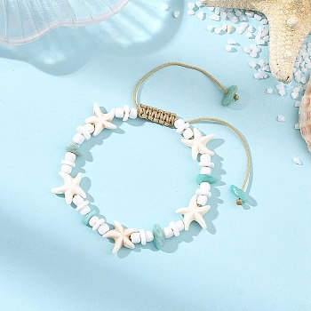 Natural Amazonite & White Shell & Synthetical Turquoise Beaded Adjustable Bracelets for Women Men, Starfish/Sea Stars, Colorful, Inner Diameter: 2.09~3.62 inch(5.3~9.2cm)