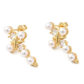 Cubic Zirconia Cross Stud Earrings with ABS Imitation Pearl Beaded, Brass Earrings, Real 16K Gold Plated, 26.5x13.5mm