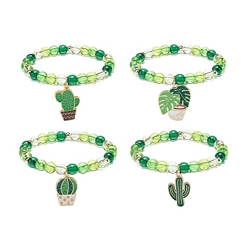 4Pcs 4 Style Acrylic Round Beaded Stretch Bracelets Set, Cactus & Leaf Alloy Enamel Charms Stackable Bracelets for Women, Green, Charm: 25~30x15~23x1~1.5mm, Inner Diameter: 2-1/4 inch(5.7cm), 1Pc/style