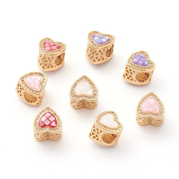 Hollow Brass Micro Pave Clear Cubic Zirconia European Beads, with Shell, Golden, Heart, Mixed Color, 9.5x9x9mm, Hole: 5mm
